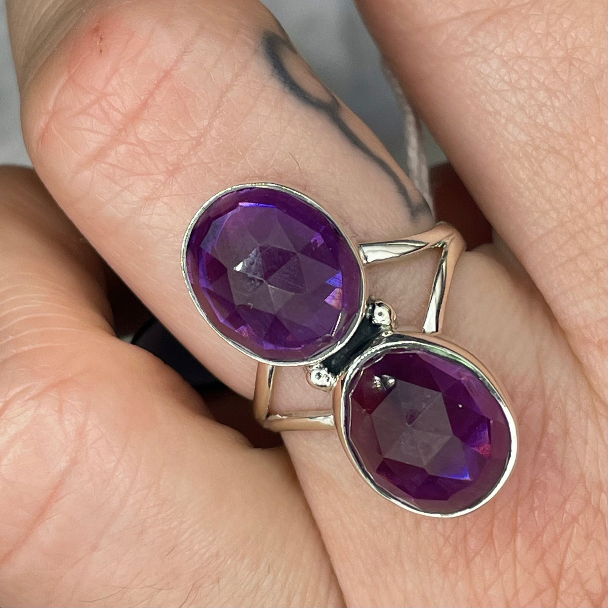 Faceted 2 Stone Amethyst Ring Sterling Silver