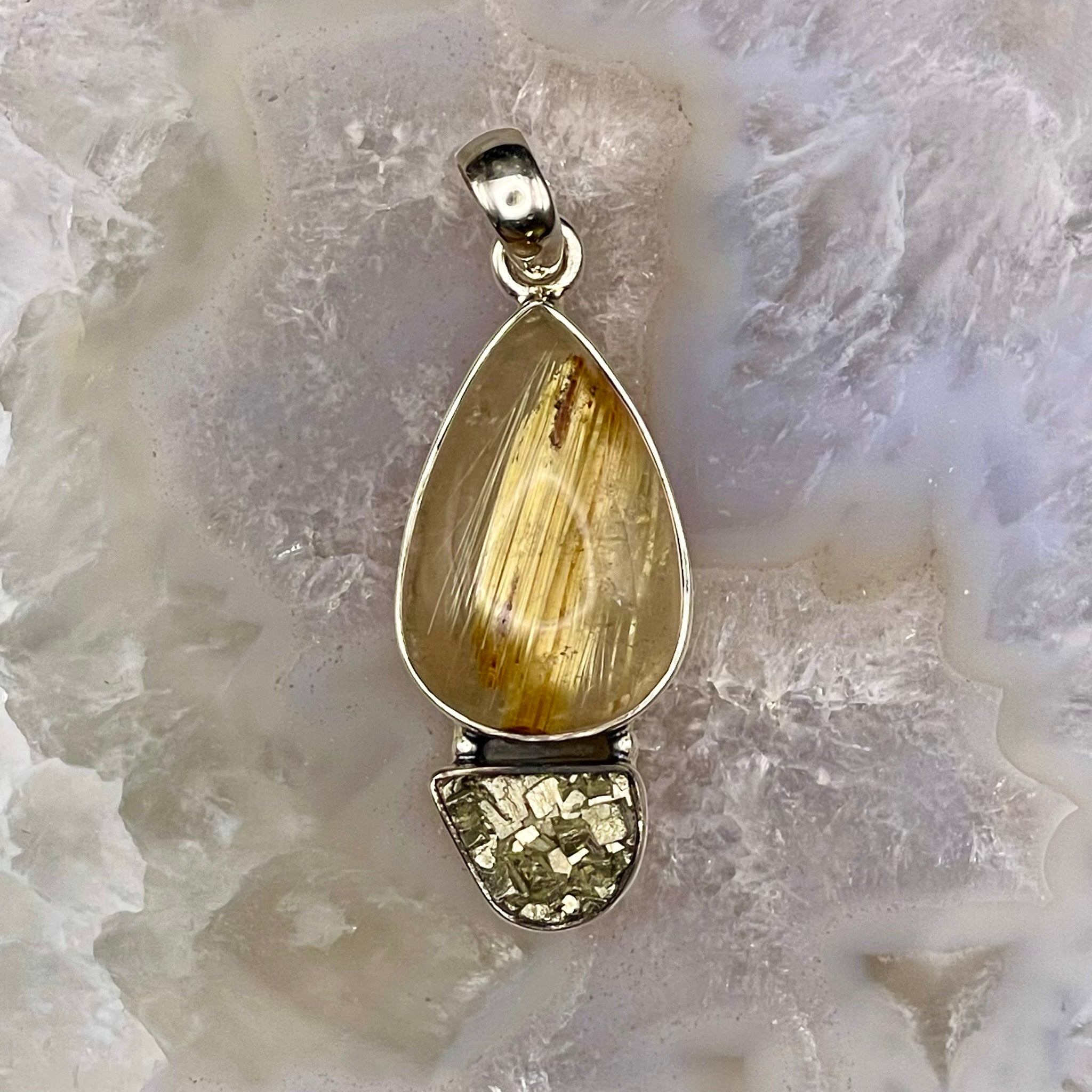 Teardrop Rutilated Quartz with Pyrite Pendant Sterling Silver