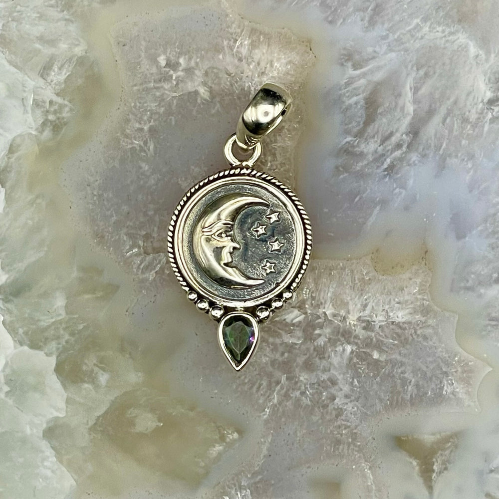 Moon and Stars with Mystic Quartz Pendant Sterling Silver