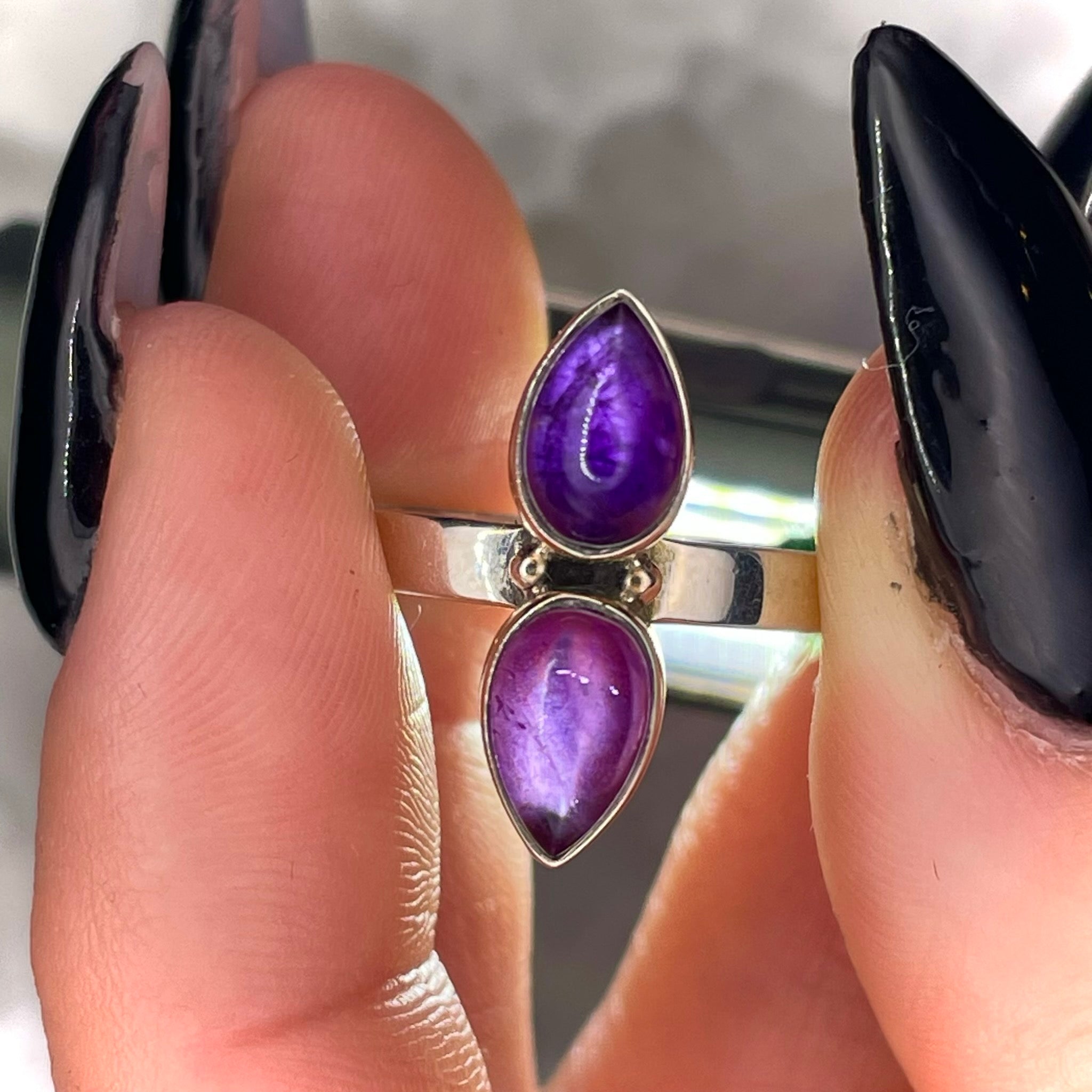 Double Teardrop Amethyst Ring Sterling Silver