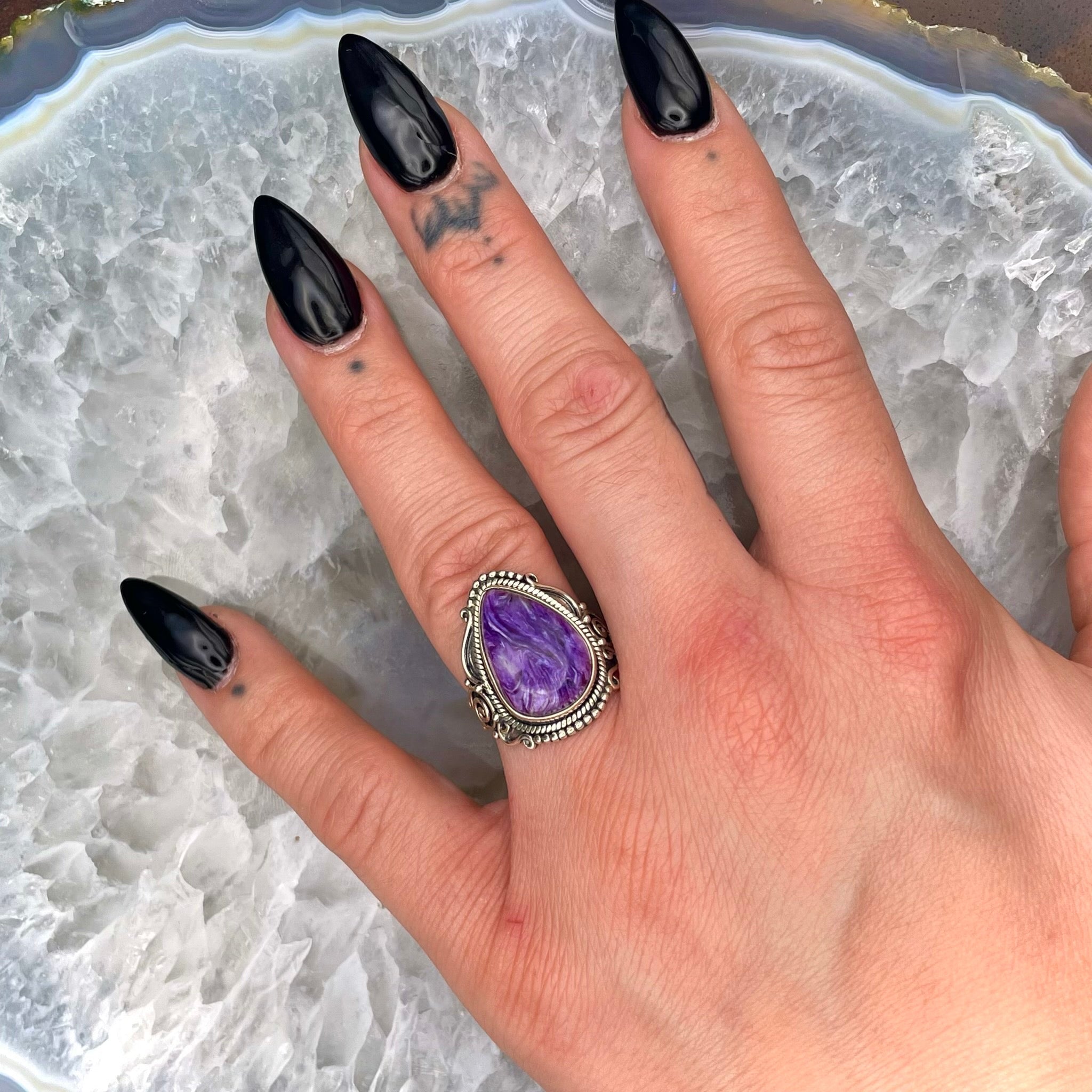 Teardrop Charoite Ring Sterling Silver