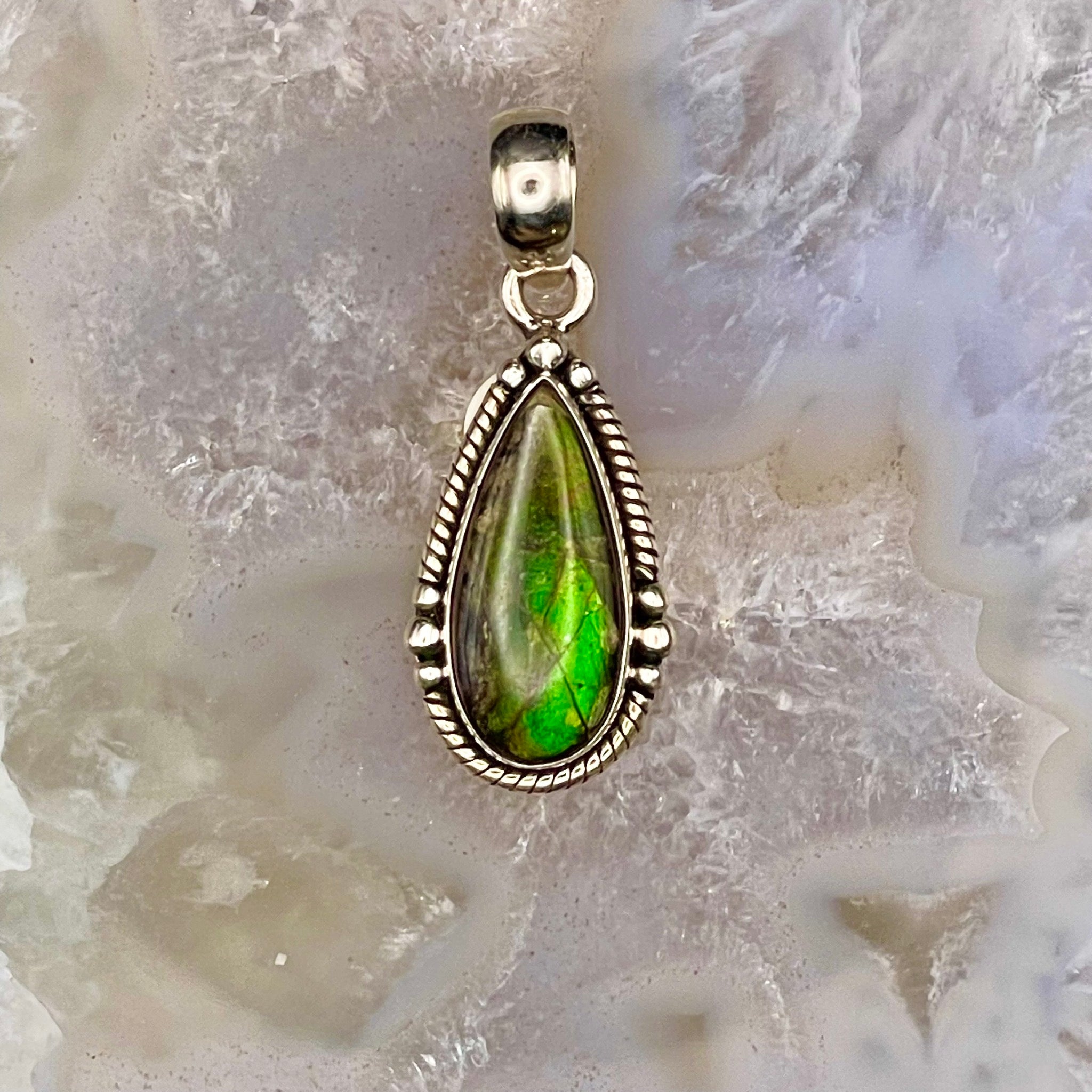 Teardrop Ammolite Pendant Sterling Silver