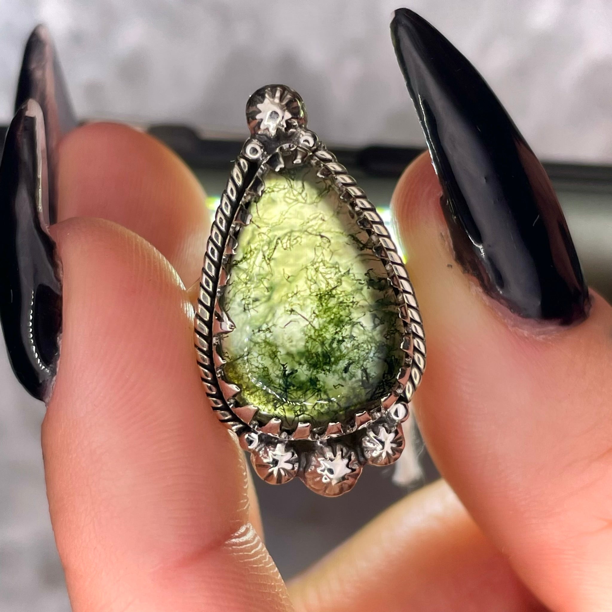 Teardrop Moss Agate Ring Sterling Silver