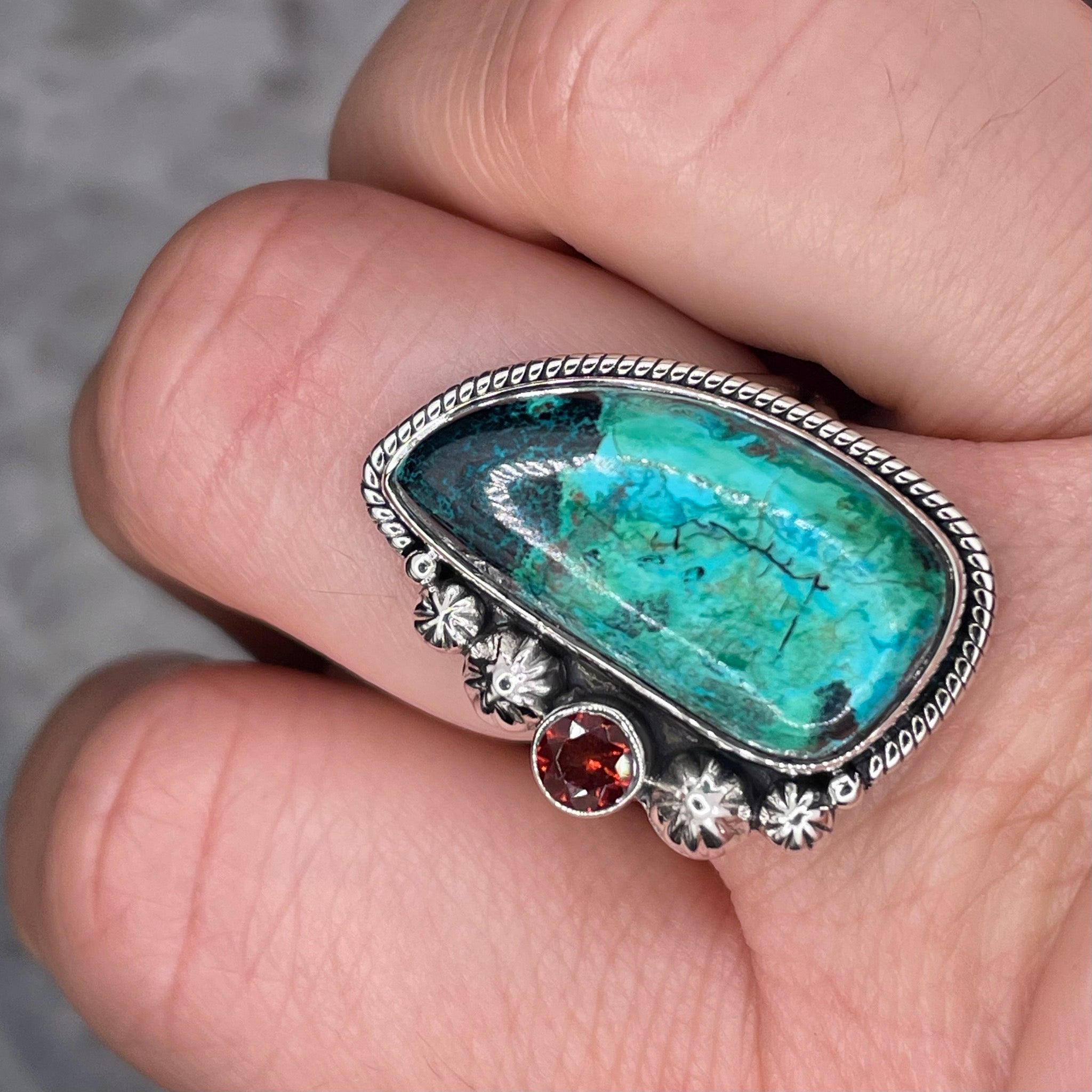 Chrysocolla and Garnet Ring Sterling Silver