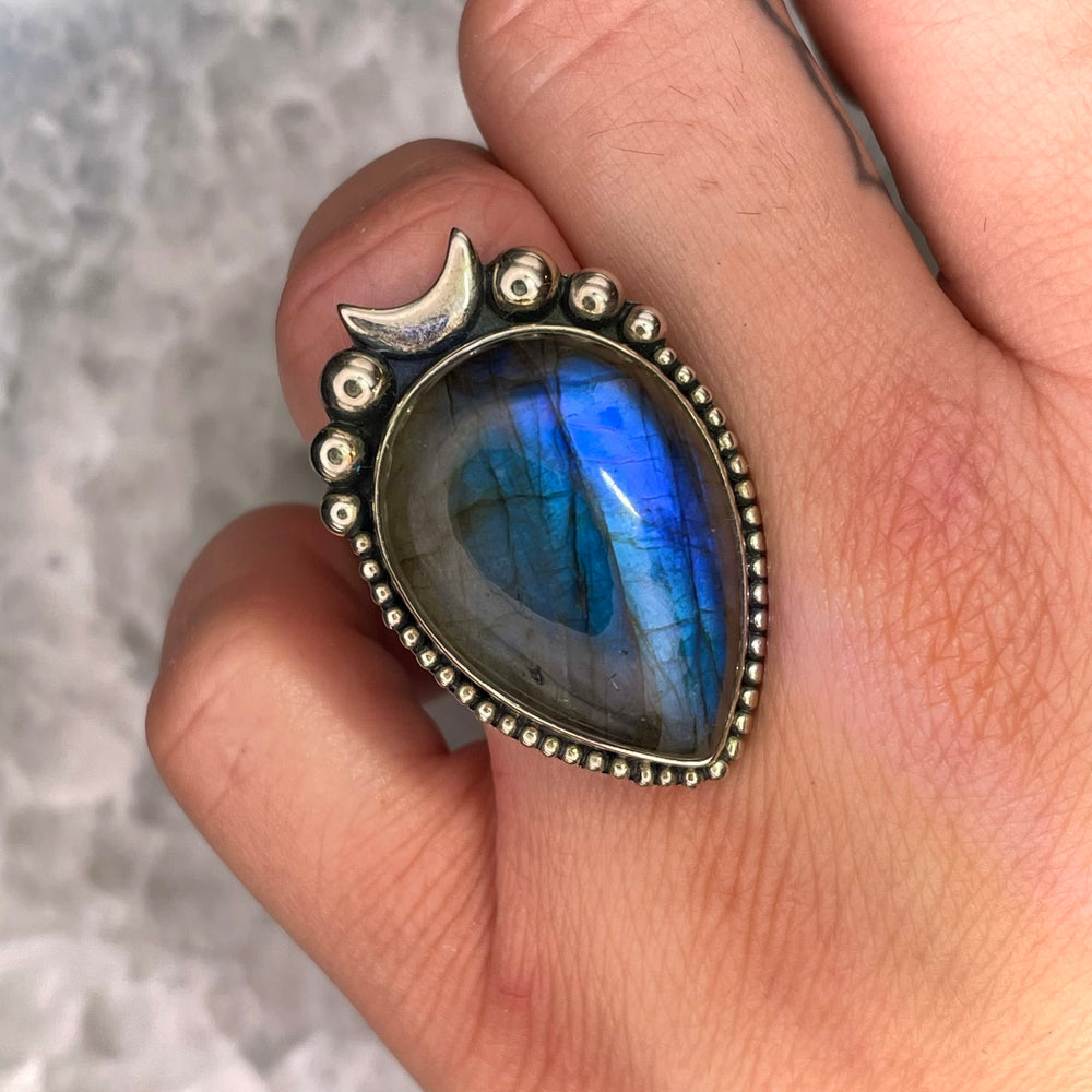 Teardrop Labradorite with Moon Ring Sterling Silver