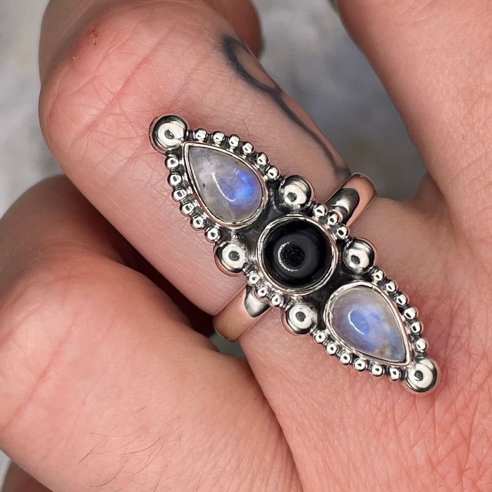 Moonstone and Black Onyx Ring Sterling Silver