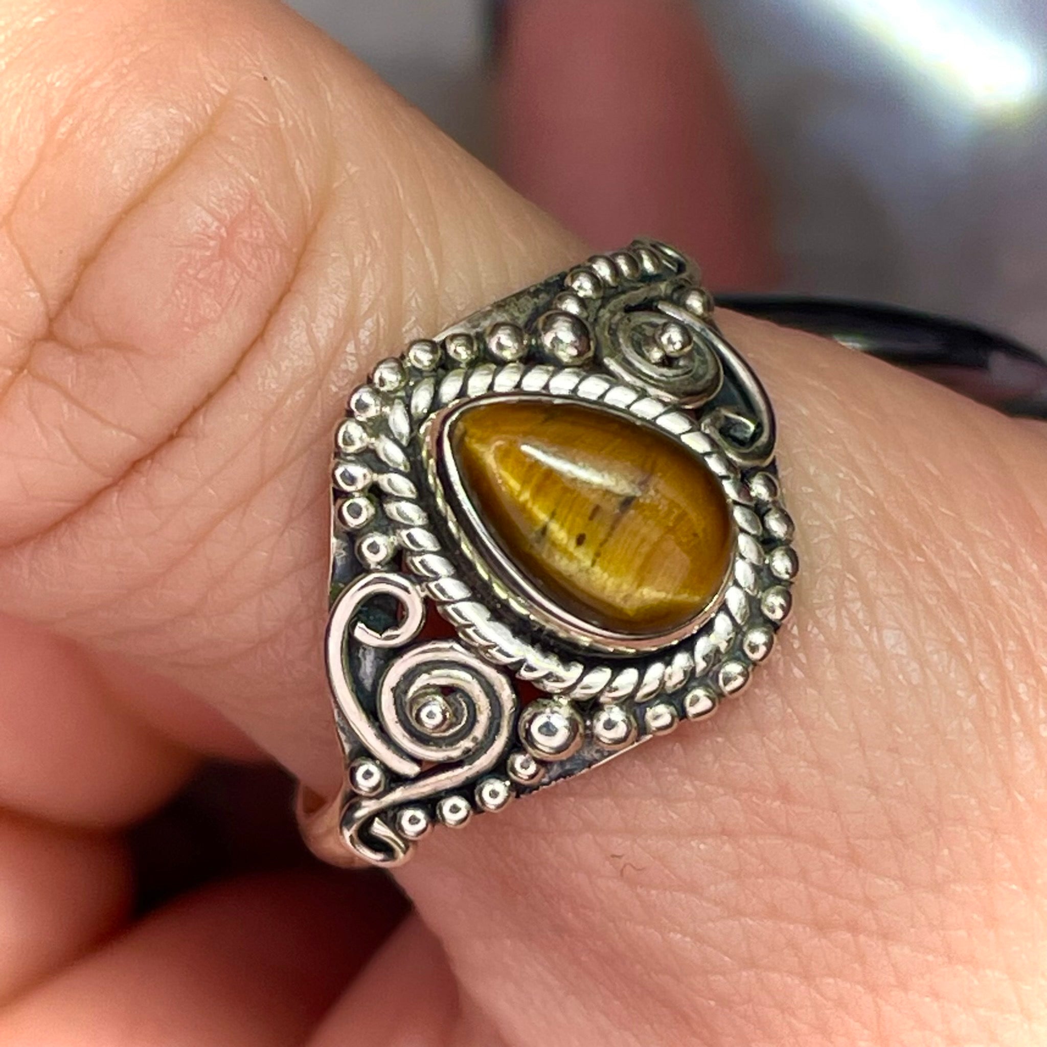 Teardrop Tigers Eye Ring Sterling Silver