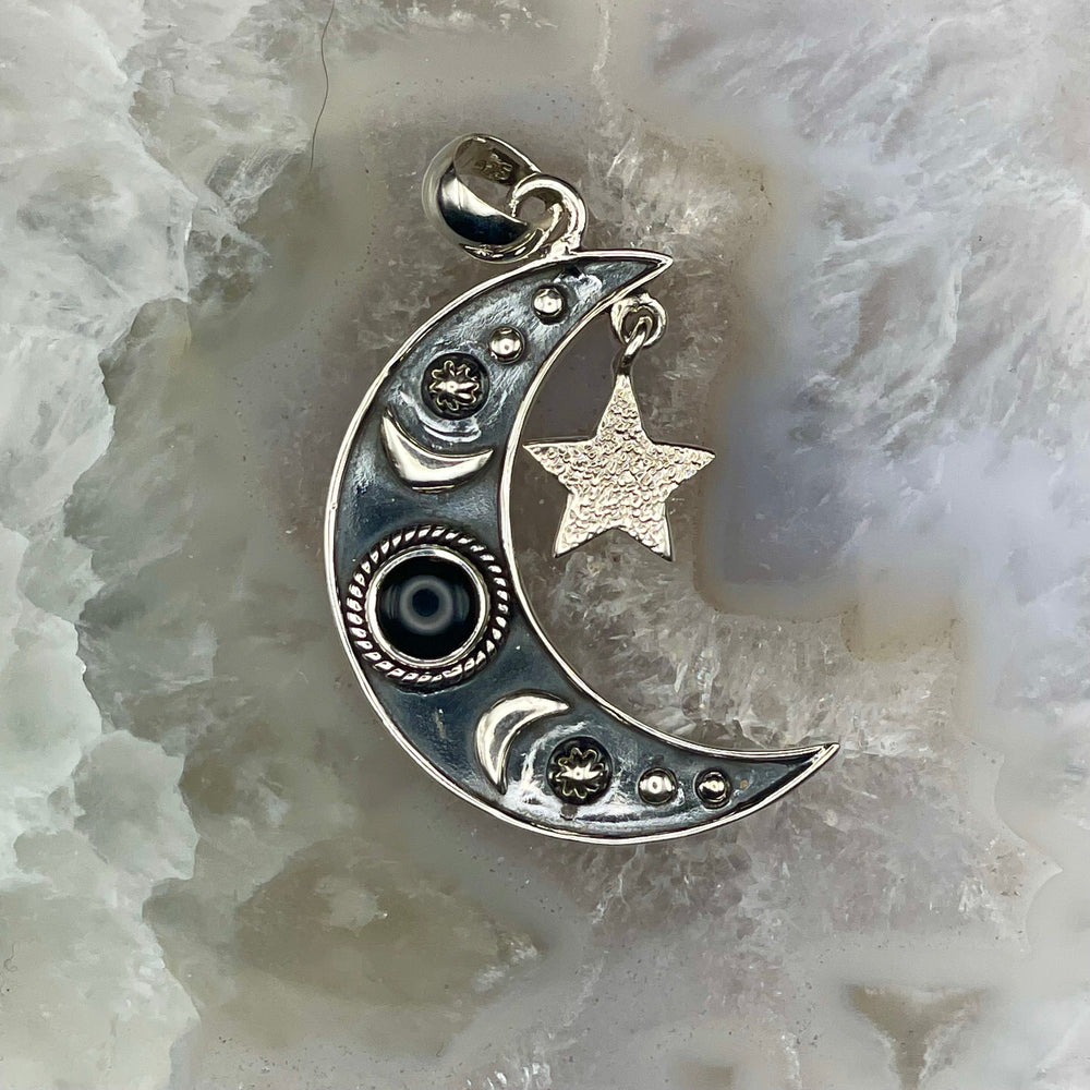 Black Onyx Moon with Star Pendant Sterling Silver