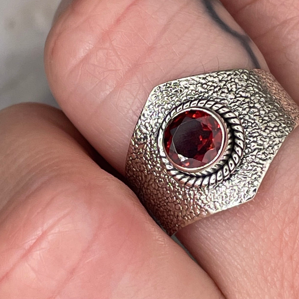 Faceted Round Garnet Ring Sterling Silver