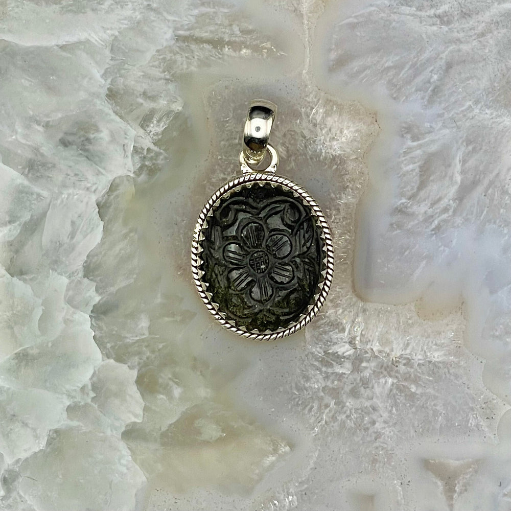 Oval Labradorite Carved Flower Pendant Sterling Silver