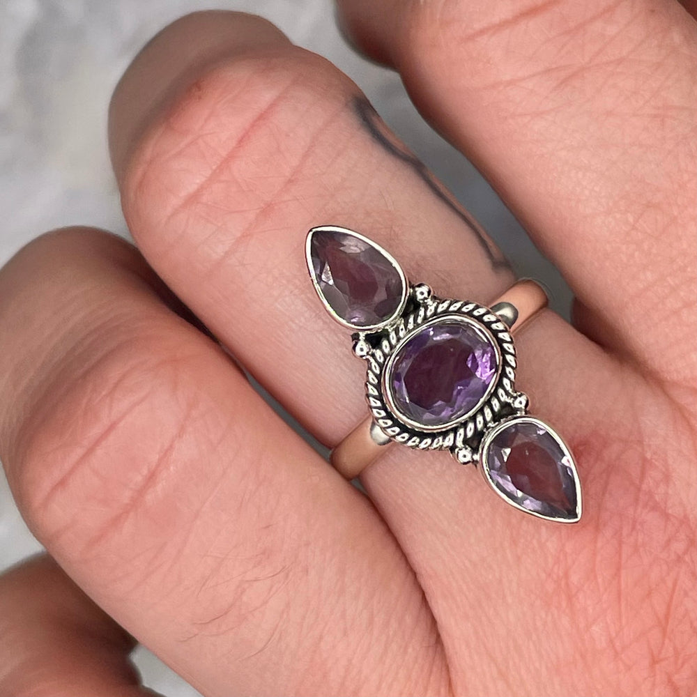 Faceted 3 Stone Amethyst Ring Sterling Silver