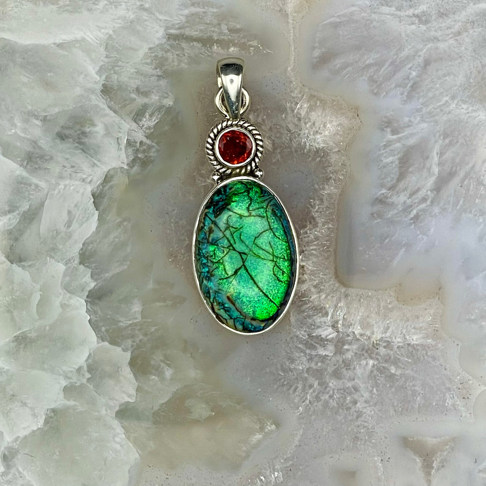 Oval Monarch Opal with Garnet Pendant Sterling Silver