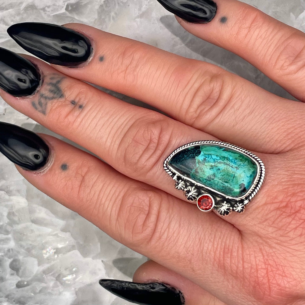 Chrysocolla and Garnet Ring Sterling Silver