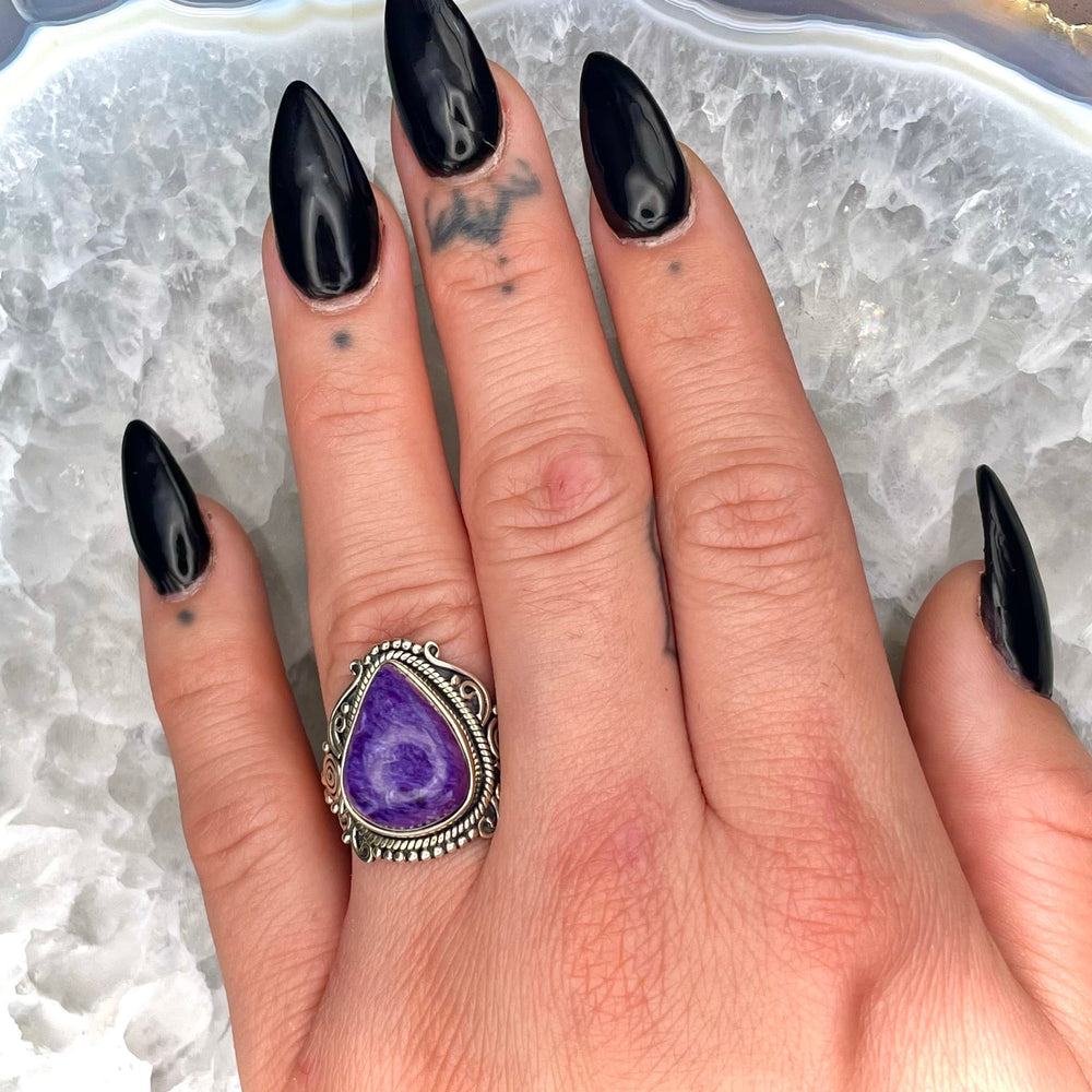 Teardrop Charoite Ring Sterling Silver