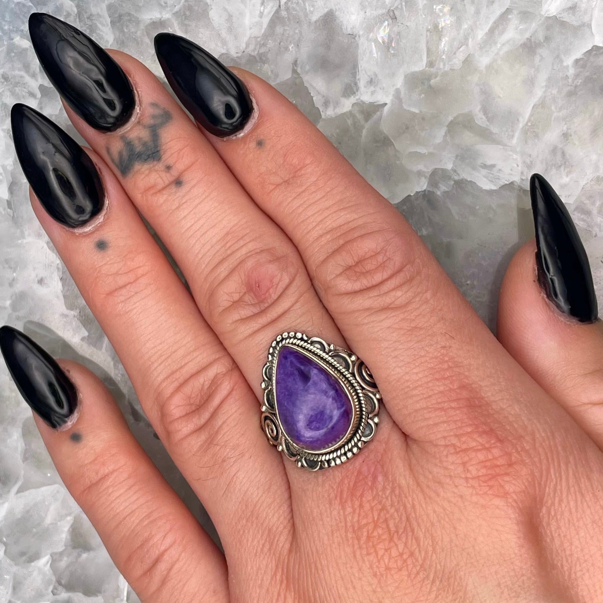 Teardrop Charoite Ring Sterling Silver