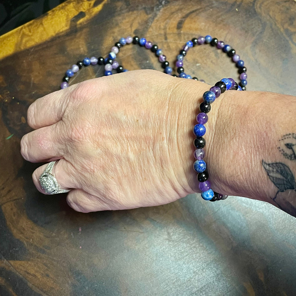 Amethyst, Lapis Lazuli & Black Tourmaline Stretch Bracelet