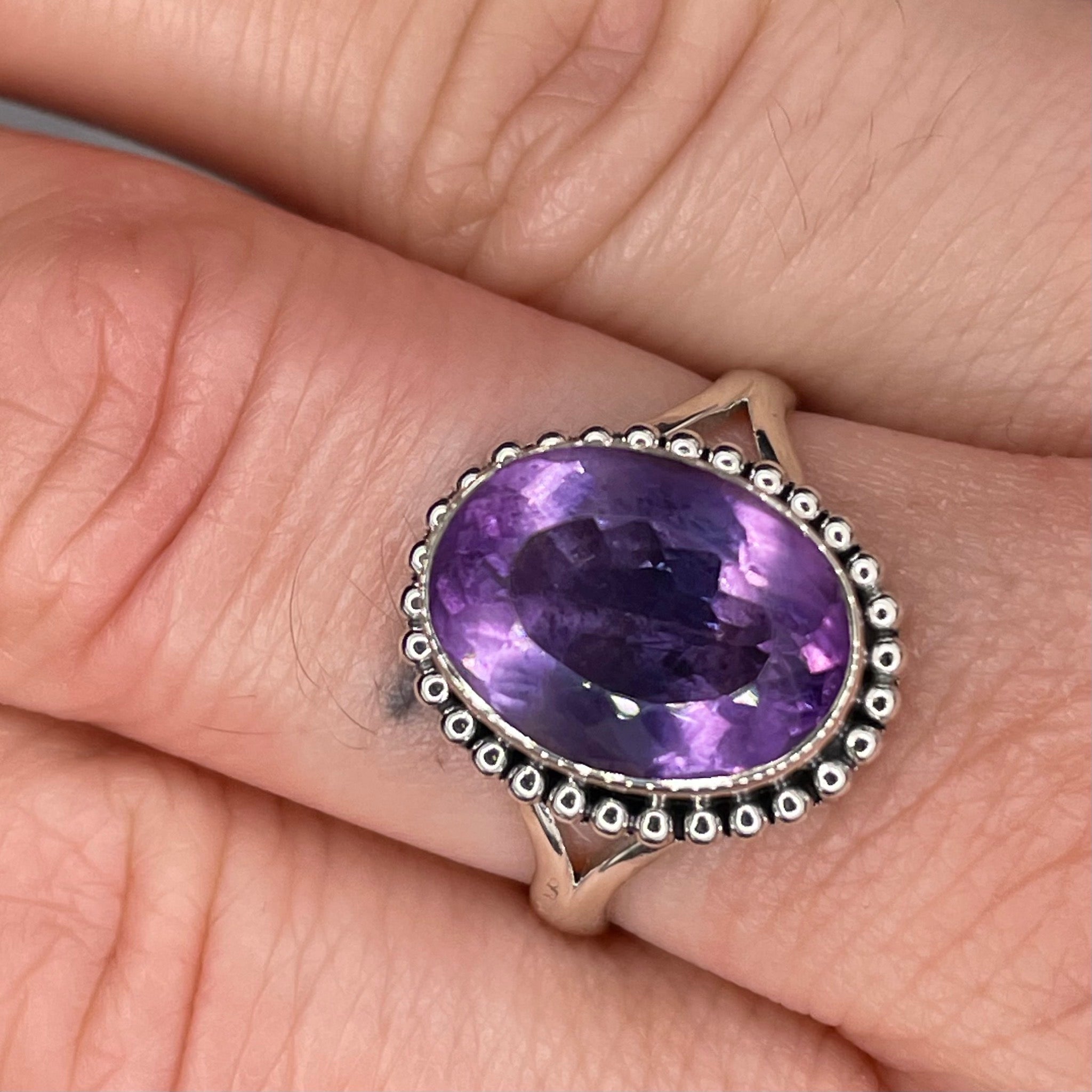 Faceted Oval Amethyst Ring Sterling Silver