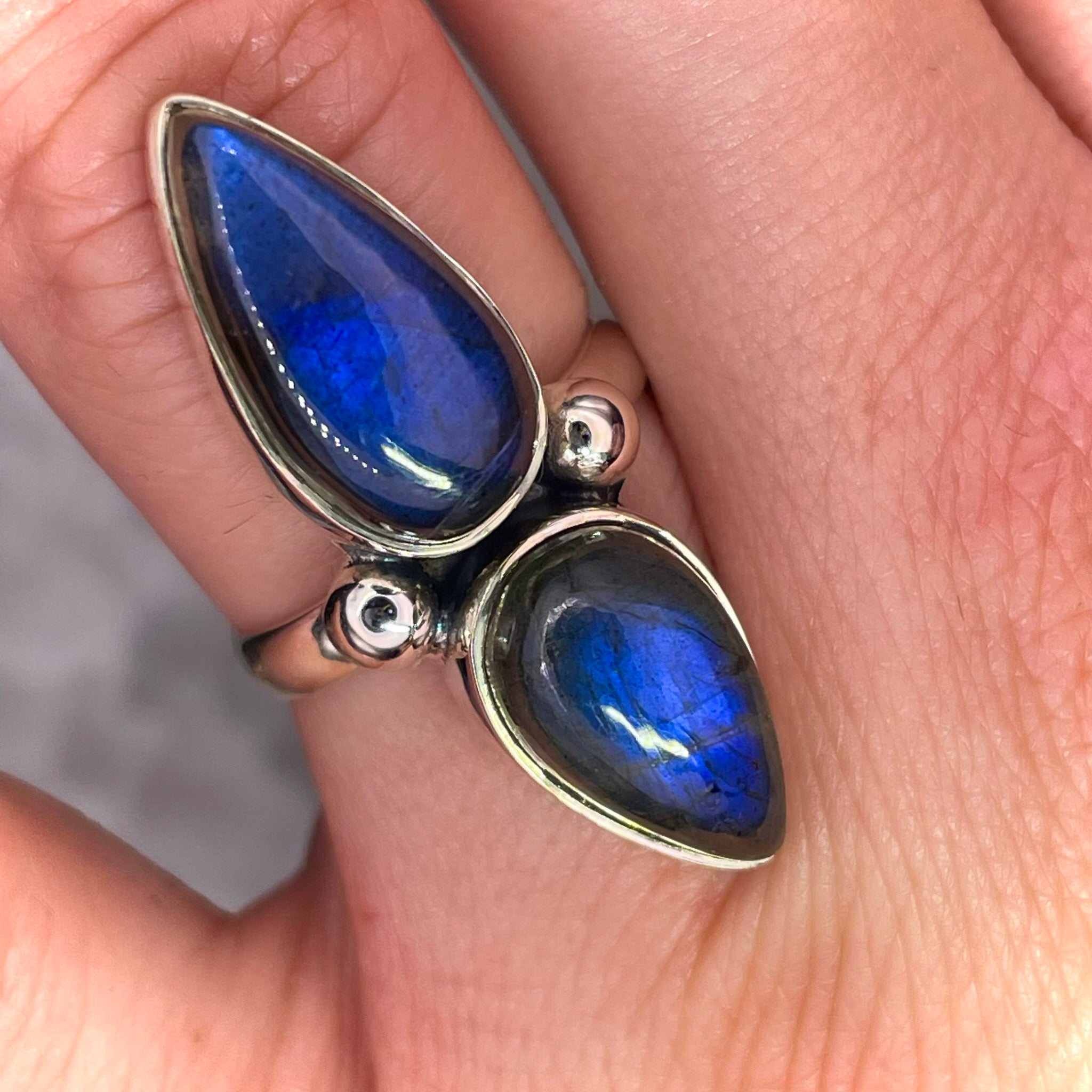 Double Teardrop Labradorite Ring Sterling Silver