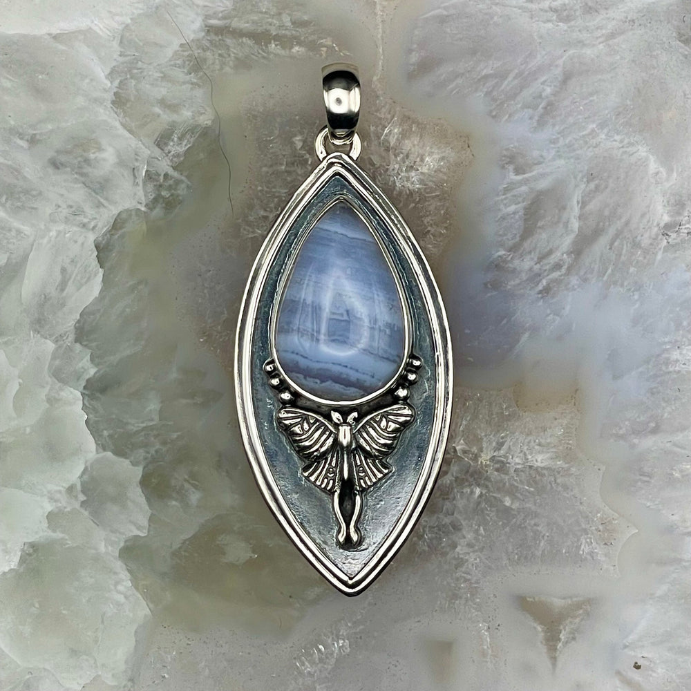 Teardrop Blue Lace Agate with Moth Pendant Sterling Silver