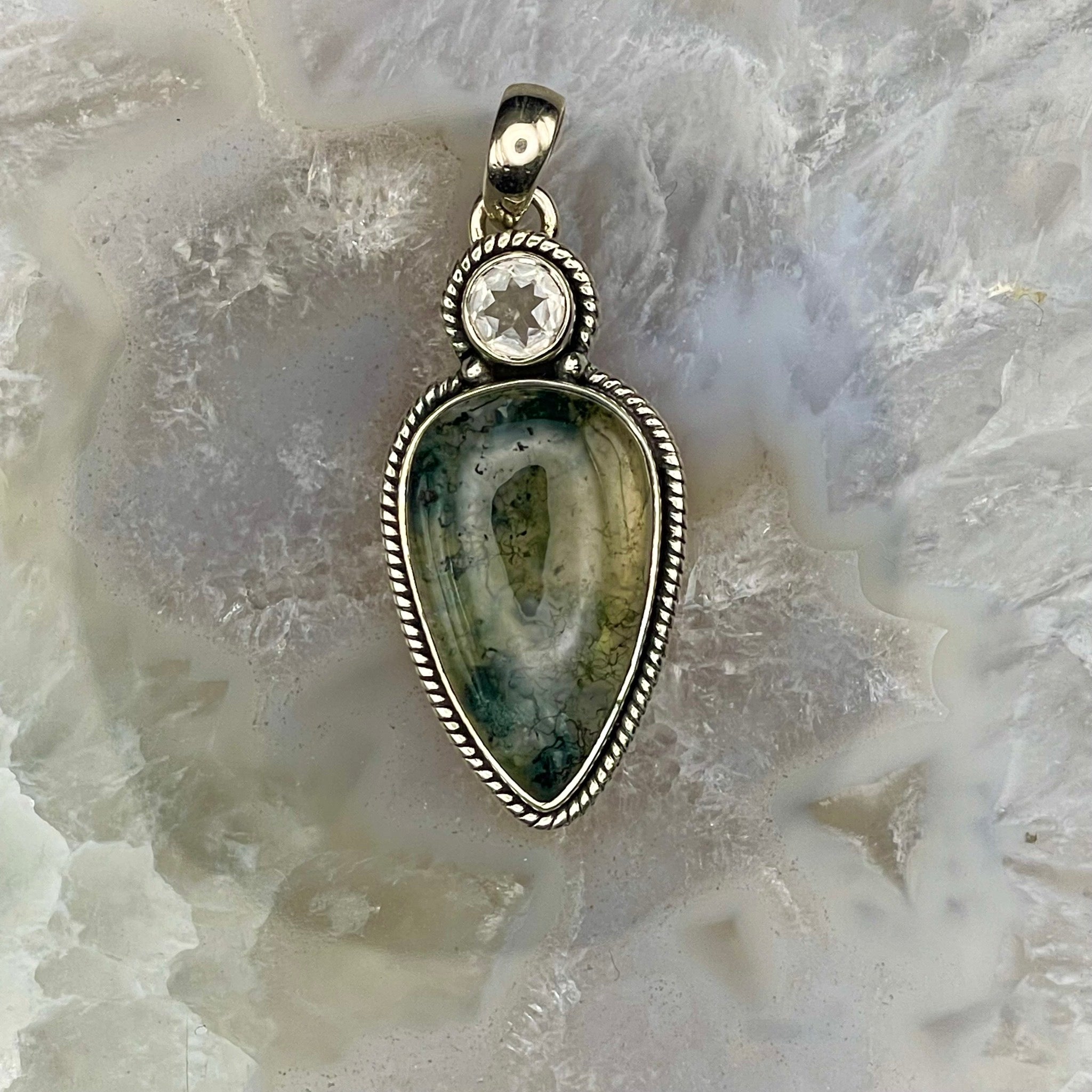 Moss Agate with Quartz Pendant Sterling Silver