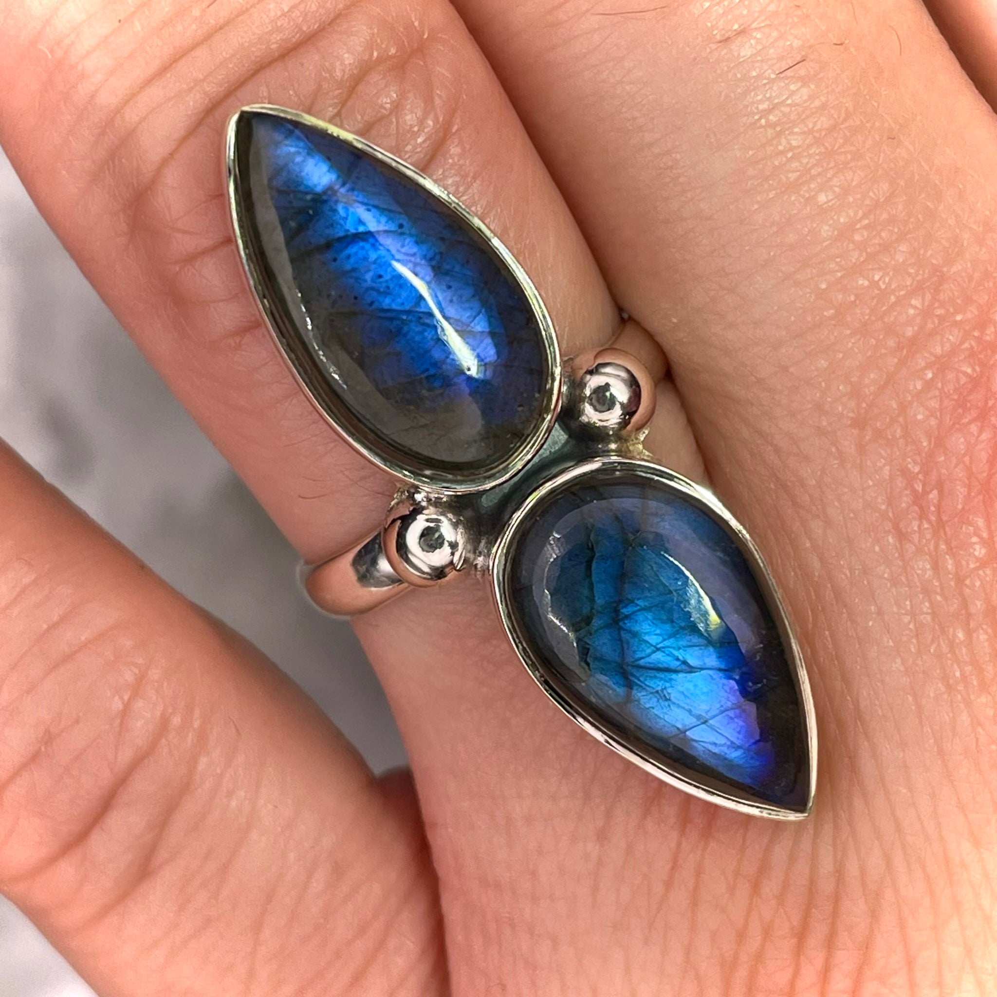 Double Teardrop Labradorite Ring Sterling Silver