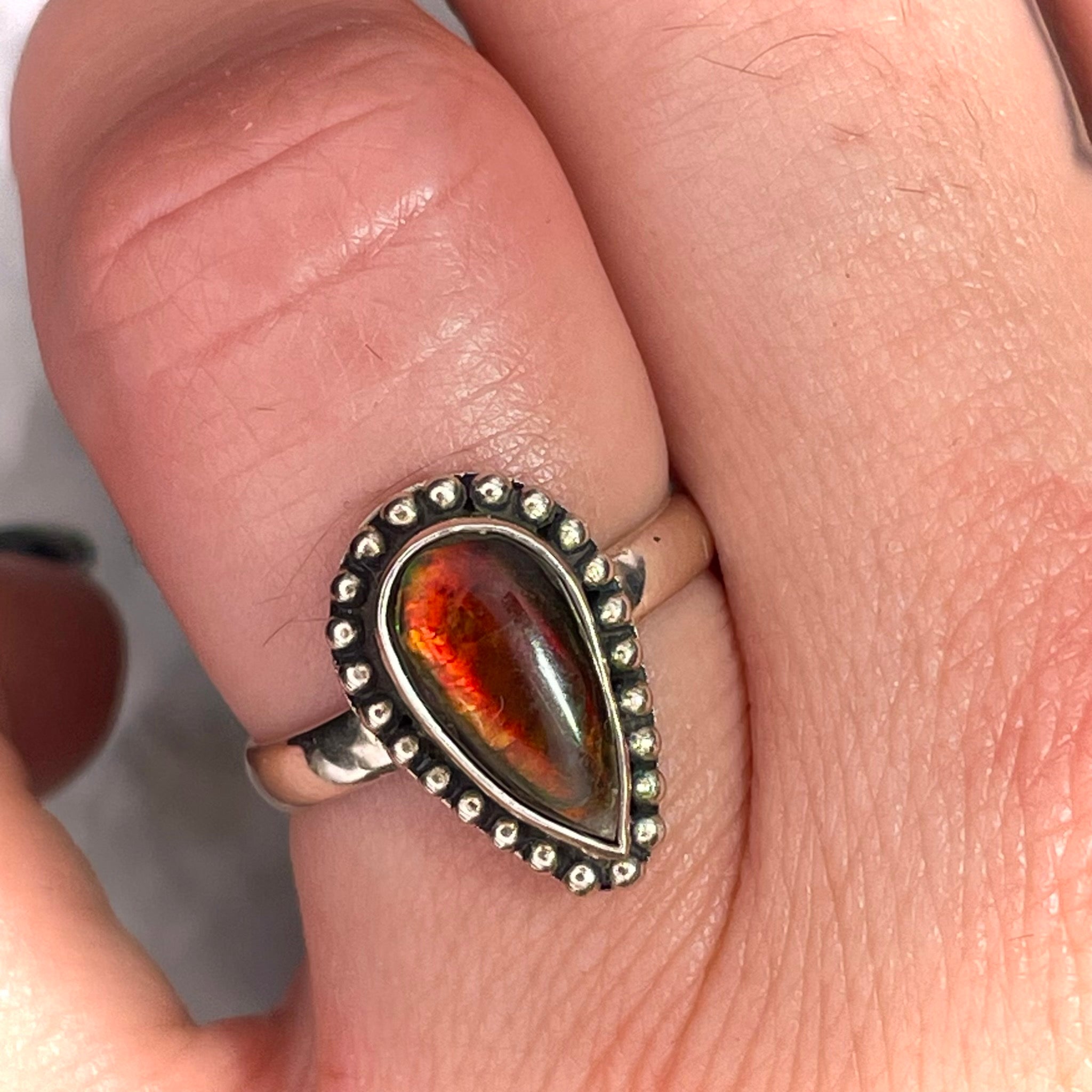 Teardrop Ammolite Ring Sterling Silver