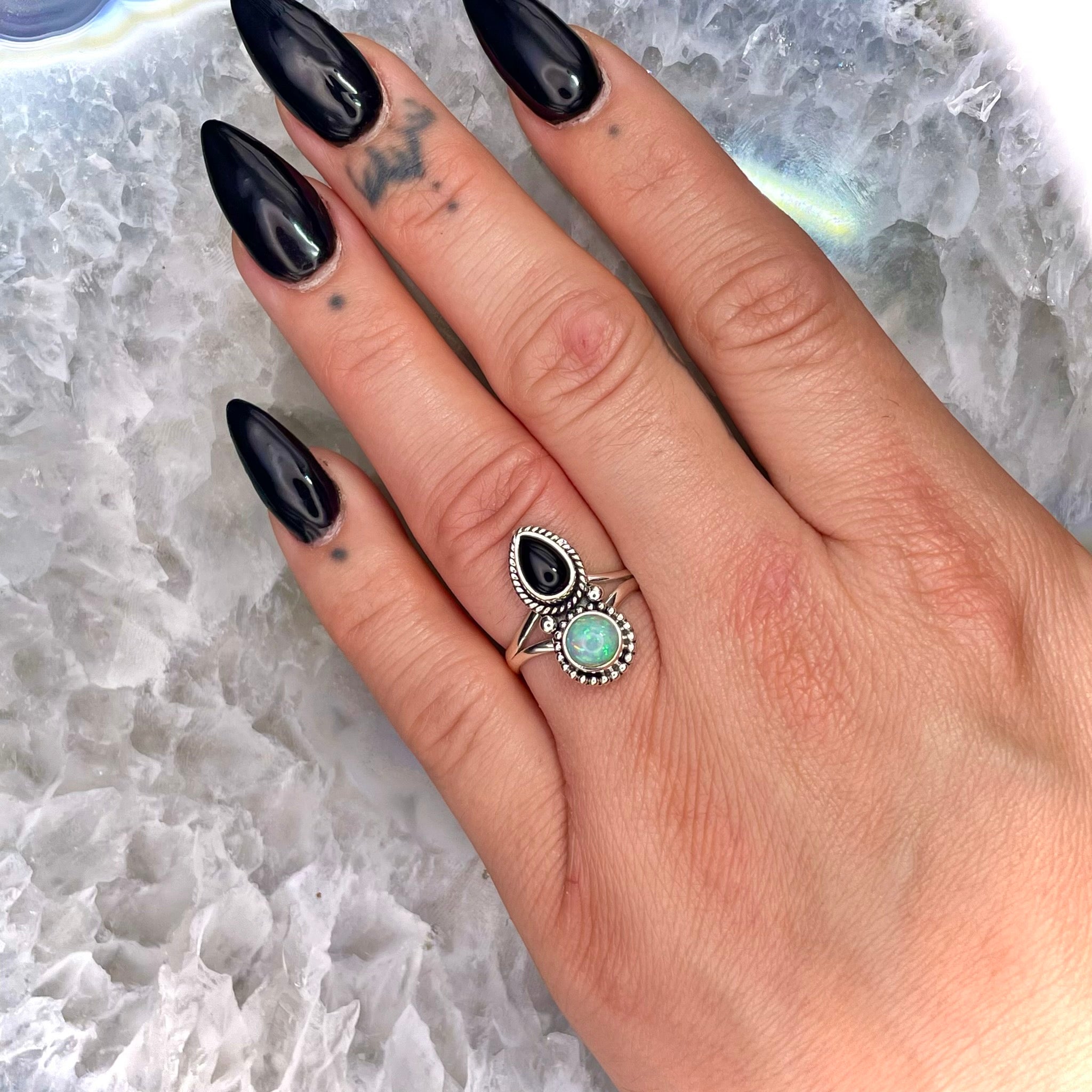 Black Onyx and Ethiopian Opal Ring Sterling Silver