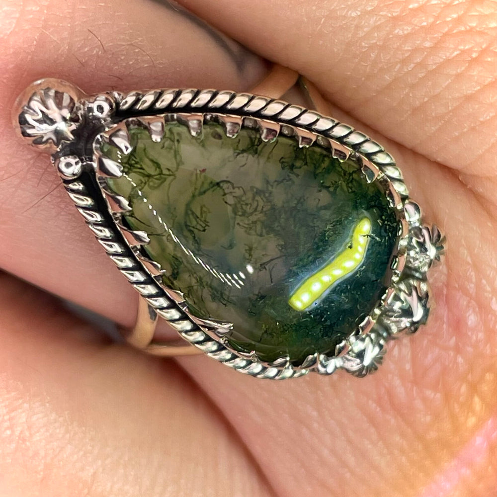 Teardrop Moss Agate Ring Sterling Silver