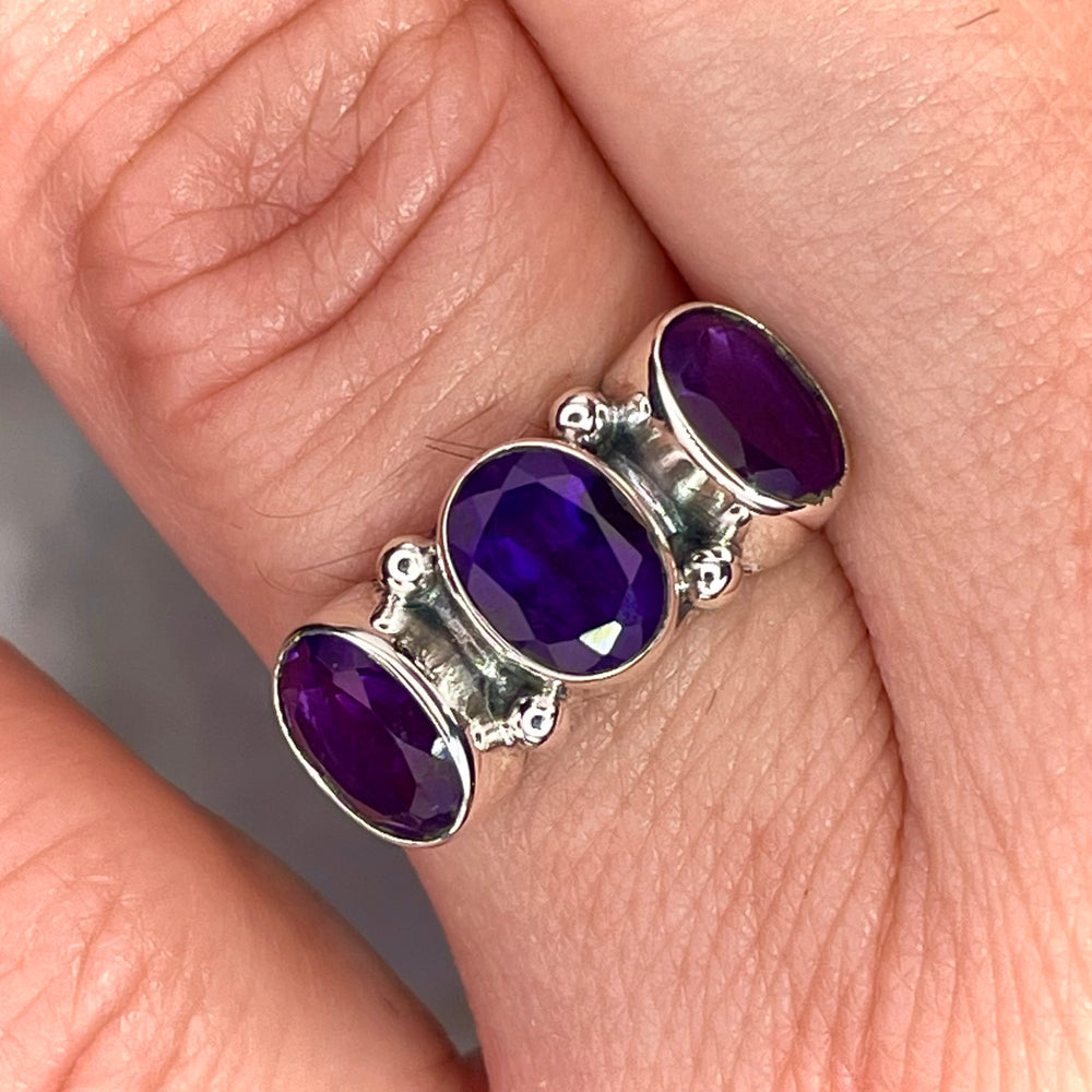 3 Stone Amethyst Ring Sterling Silver