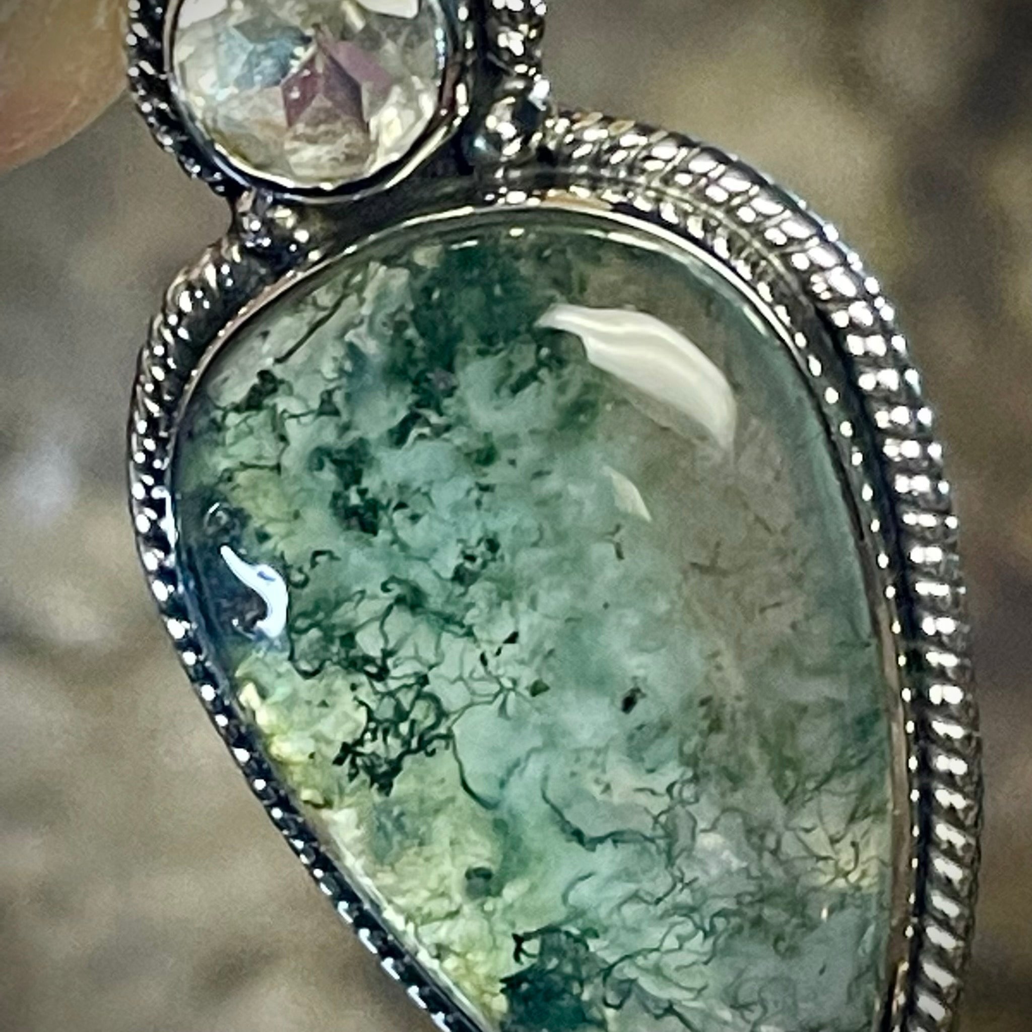 Moss Agate with Quartz Pendant Sterling Silver