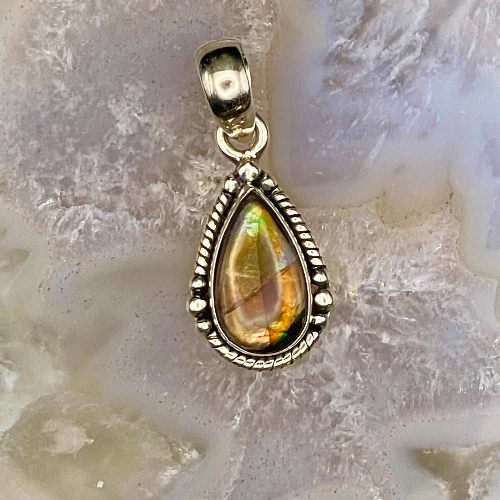 Teardrop Ammolite Pendant Sterling Silver