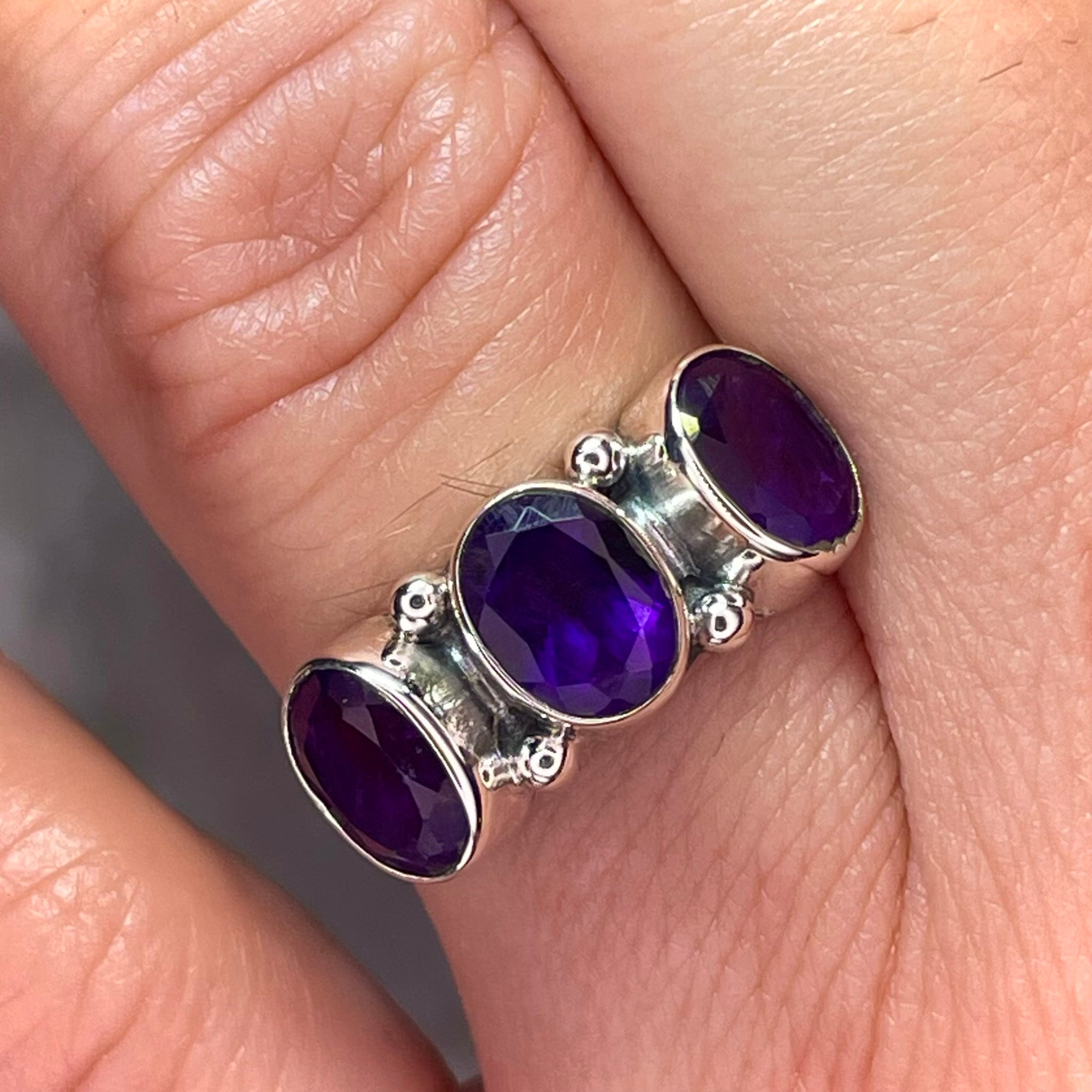 3 Stone Amethyst Ring Sterling Silver