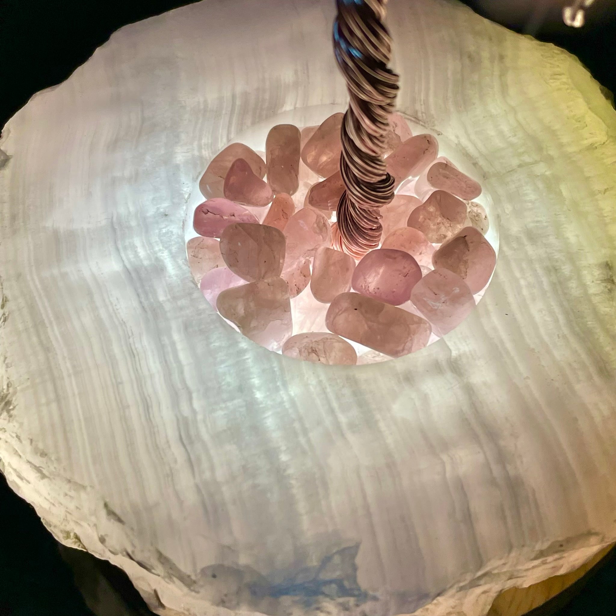 Rose Quartz on Mangano Calcite Mojo Tree