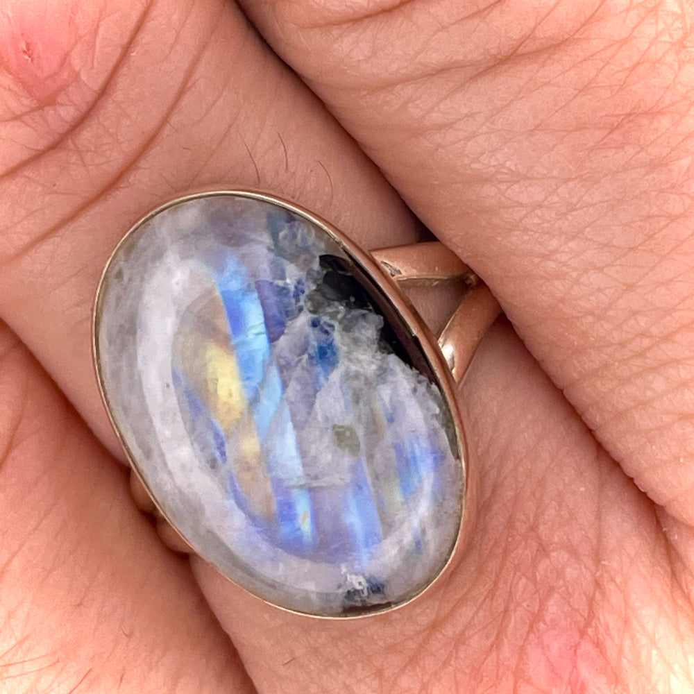 Oval Rainbow Moonstone Ring Sterling Silver