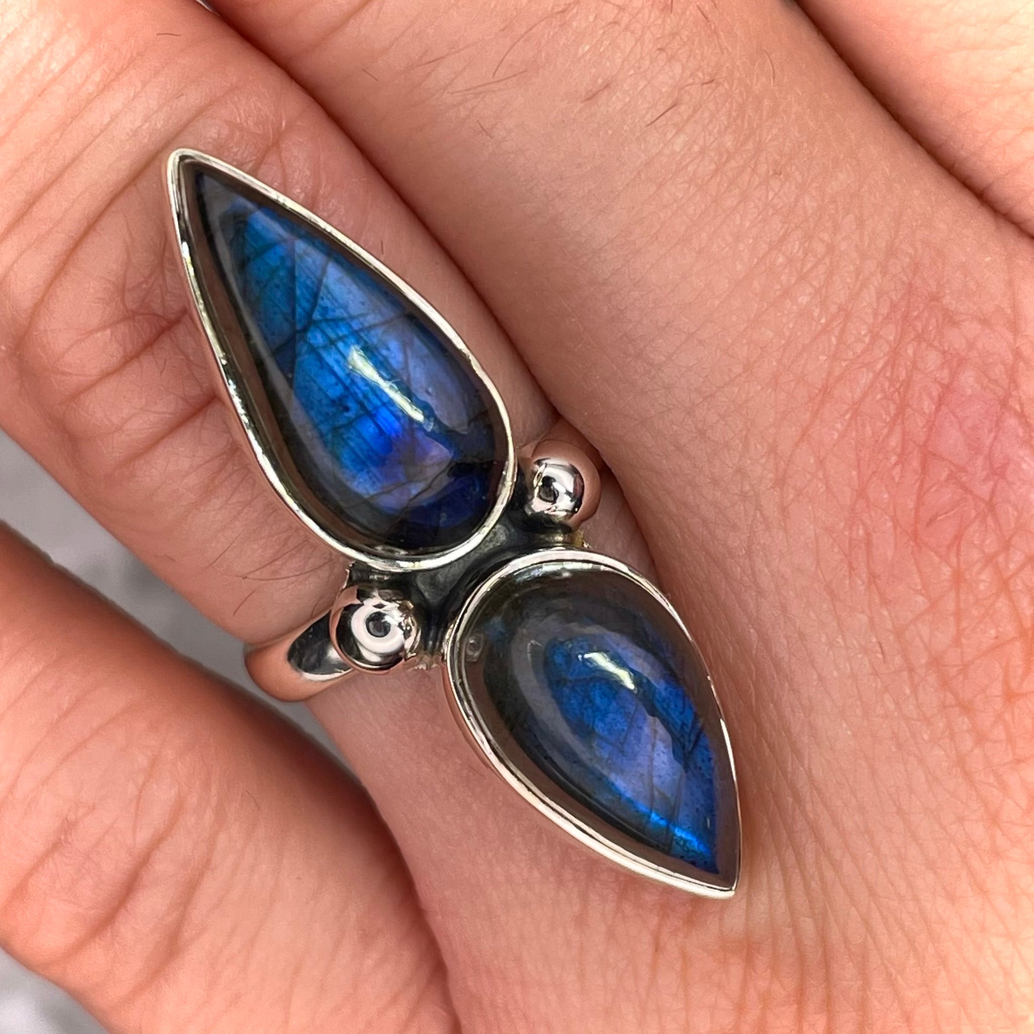 Double Teardrop Labradorite Ring Sterling Silver