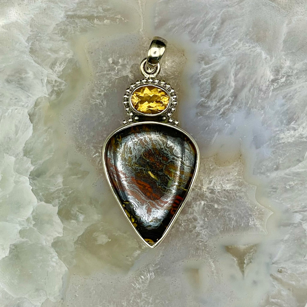 Faceted Citrine with Tigers Iron Pendant Sterling Silver