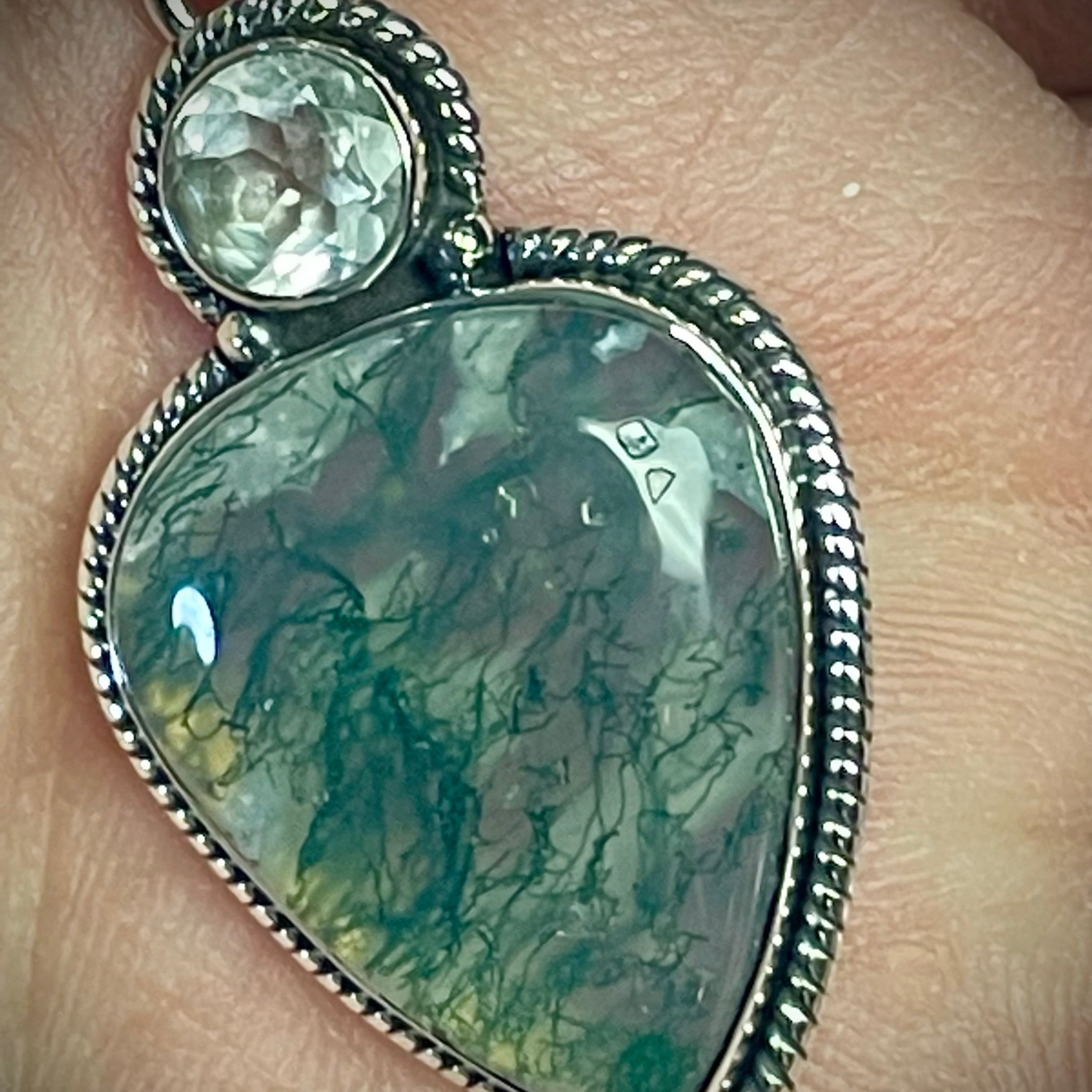 Moss Agate with Clear Quartz Pendant