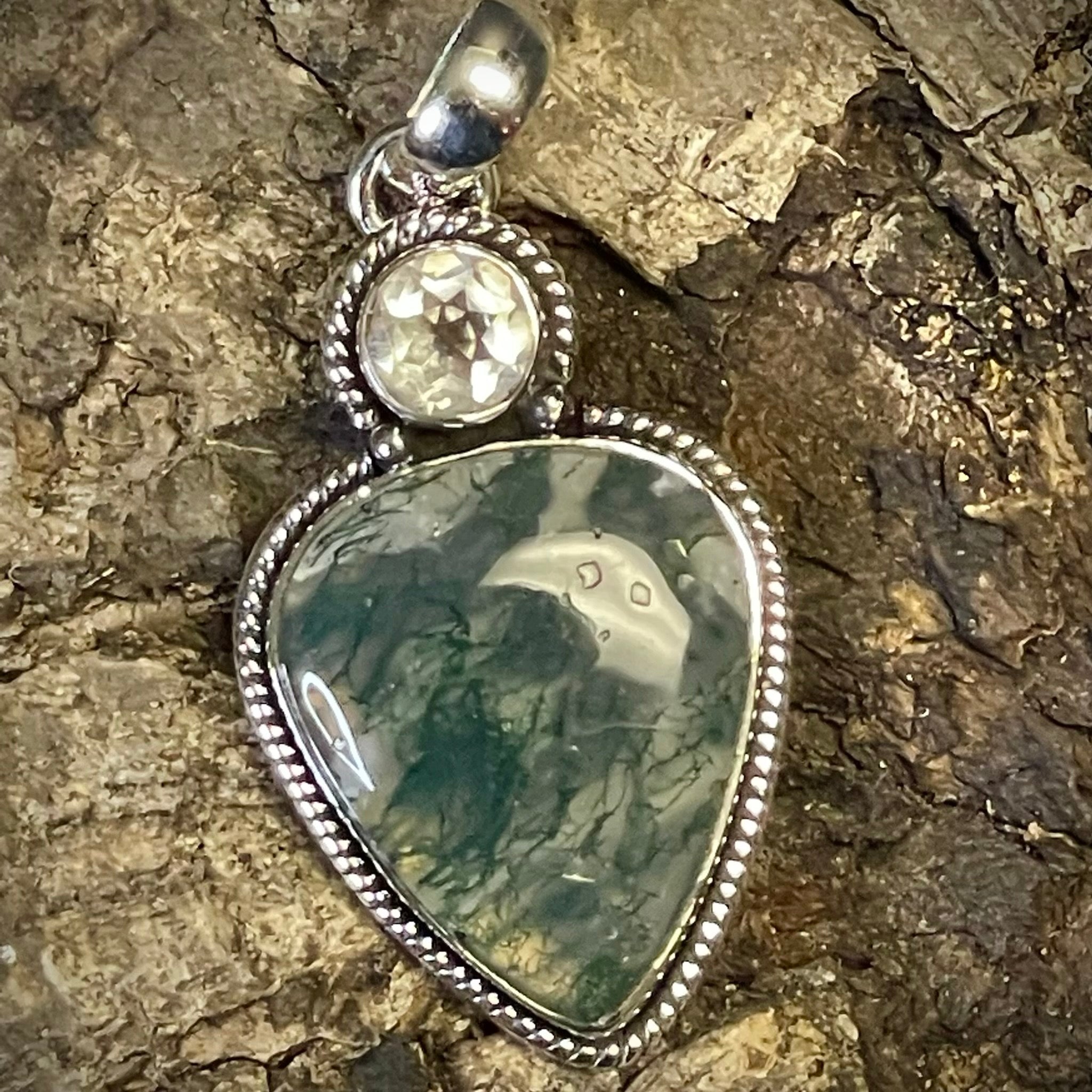 Moss Agate with Clear Quartz Pendant